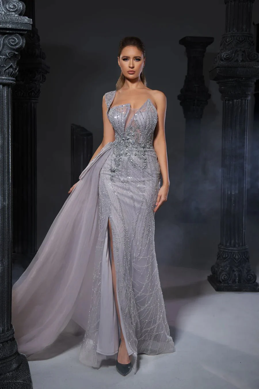 Gothic Grey Green One-Sleeve and Sequin Evening Gown with High Slit and Draped Detail - Designer Sequin Gown and Glitter Dress Plus Size - Image 3