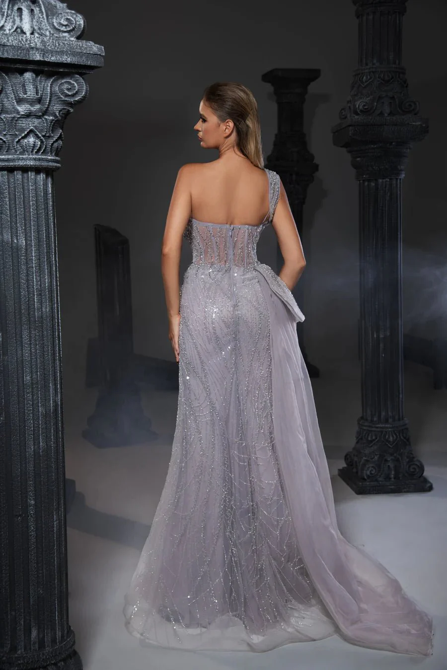 Gothic Grey Green One-Sleeve and Sequin Evening Gown with High Slit and Draped Detail - Designer Sequin Gown and Glitter Dress Plus Size - Image 4