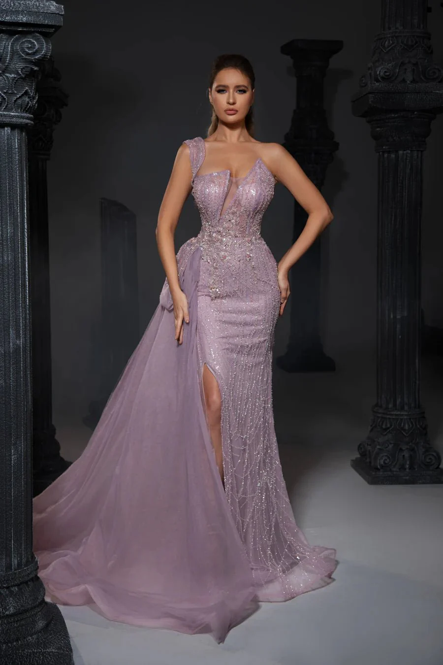 Gothic Grey Green One-Sleeve and Sequin Evening Gown with High Slit and Draped Detail - Designer Sequin Gown and Glitter Dress Plus Size - Image 6
