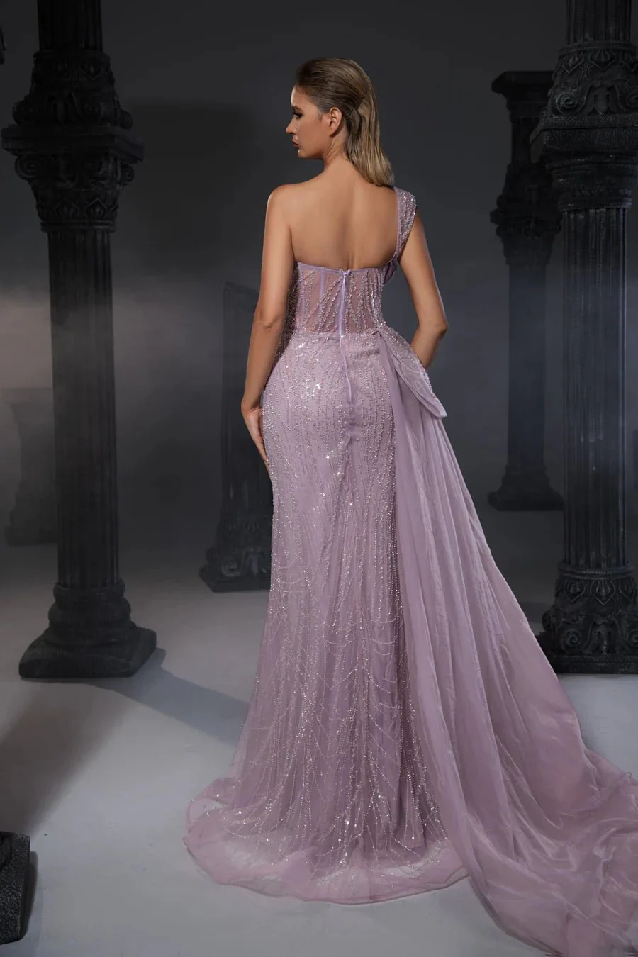 Gothic Grey Green One-Sleeve and Sequin Evening Gown with High Slit and Draped Detail - Designer Sequin Gown and Glitter Dress Plus Size - Image 7