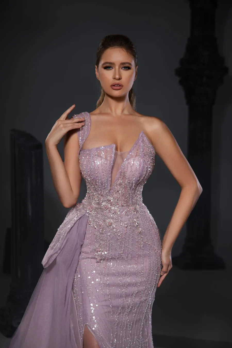 Gothic Grey Green One-Sleeve and Sequin Evening Gown with High Slit and Draped Detail - Designer Sequin Gown and Glitter Dress Plus Size - Image 8