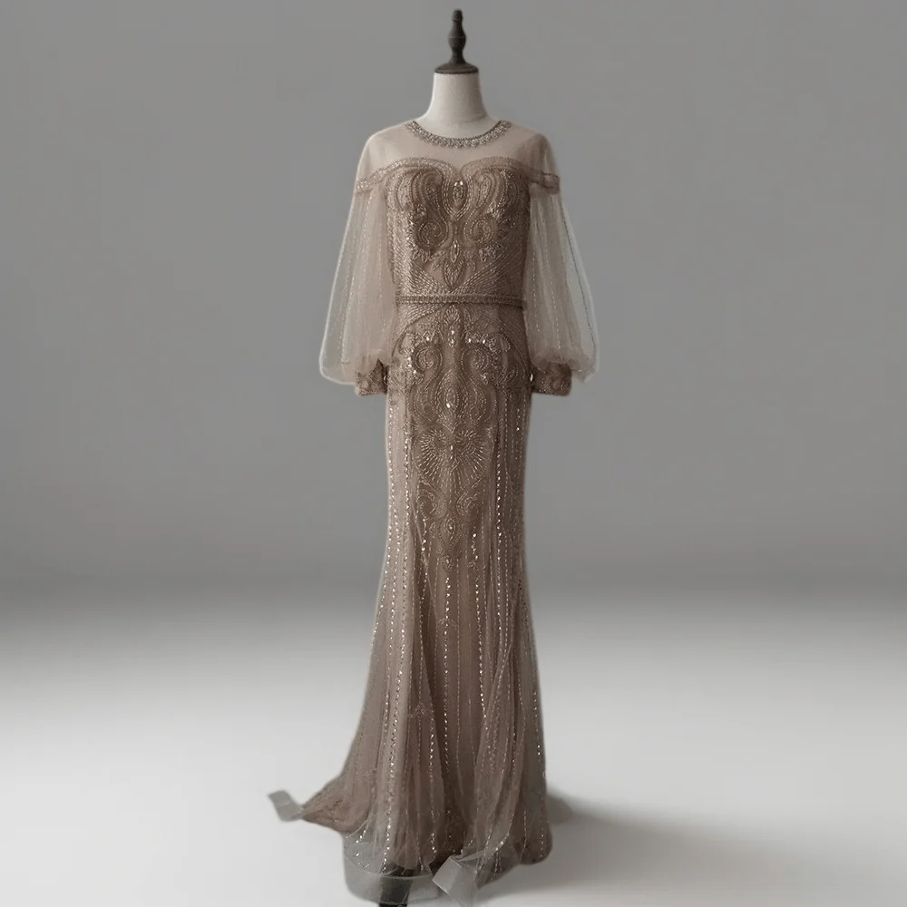 Gothic Grey Sequin and Beaded Evening Gown with Sheer Sleeves - Pretty Grey Sequin Dress with Tulle Plus Size - Image 2