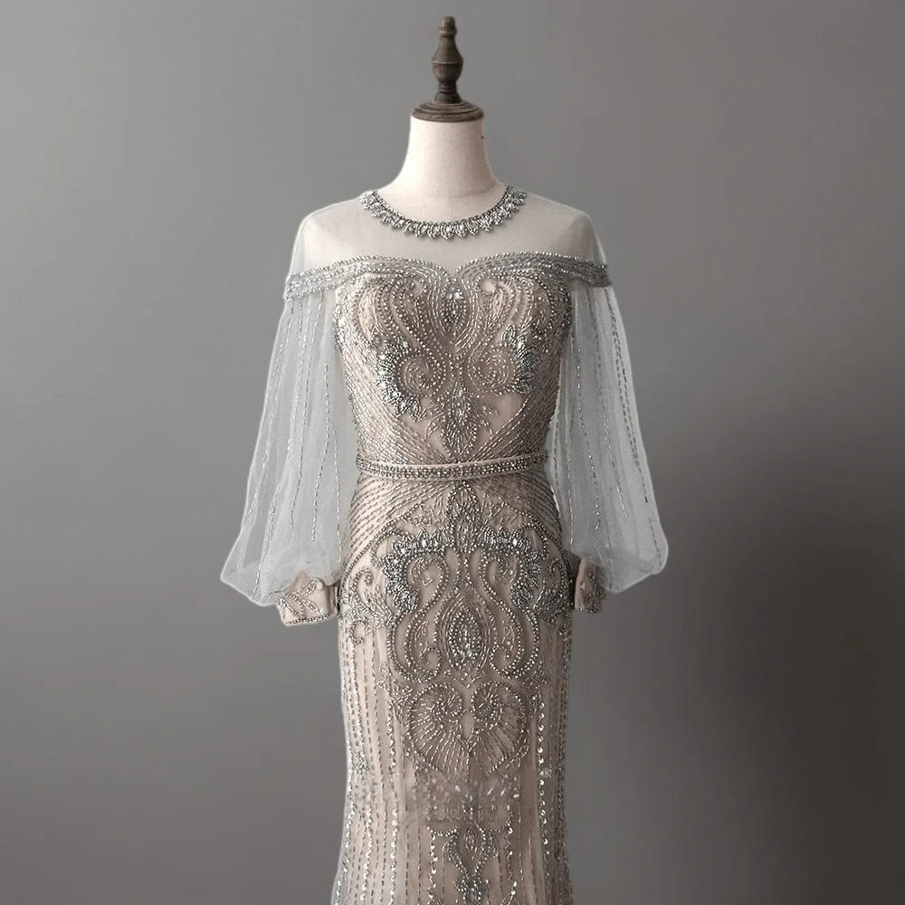 Gothic Grey Sequin and Beaded Evening Gown with Sheer Sleeves - Pretty Grey Sequin Dress with Tulle Plus Size - Image 3