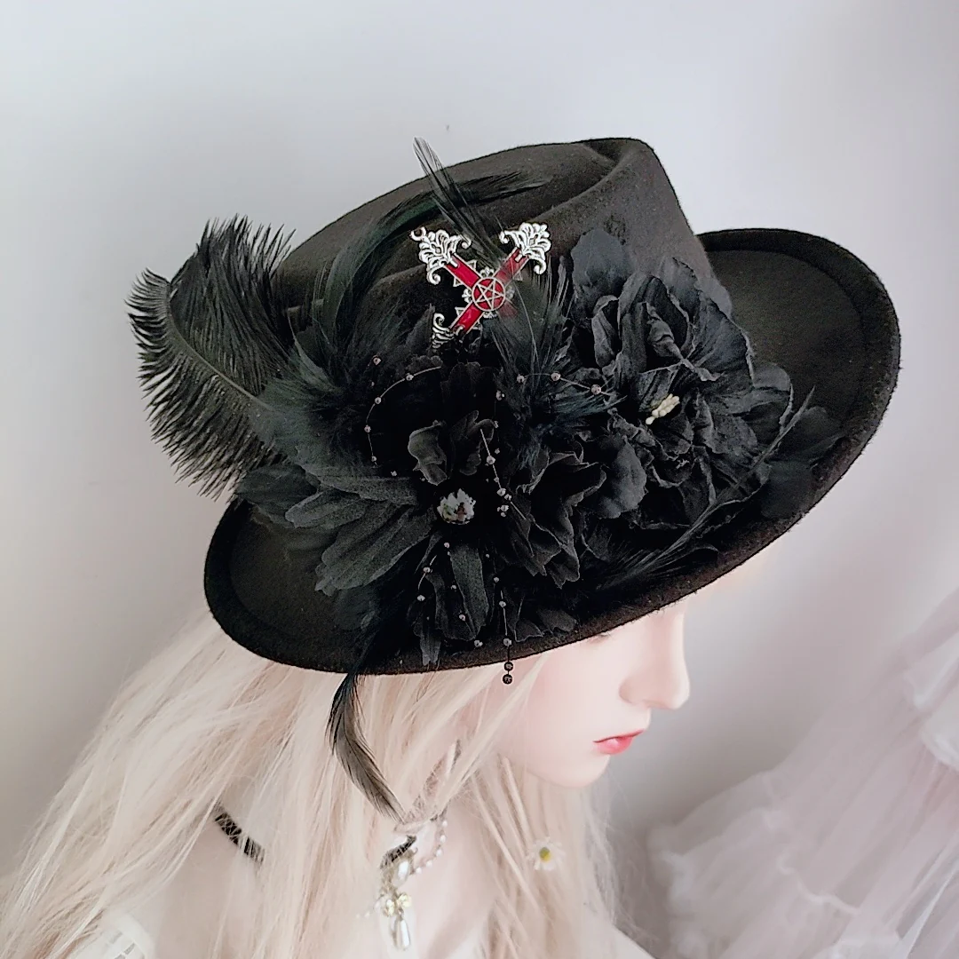 Gothic Hat with Cross Detail - Black Gothic Hat - Black Hat with Feather - Image 2