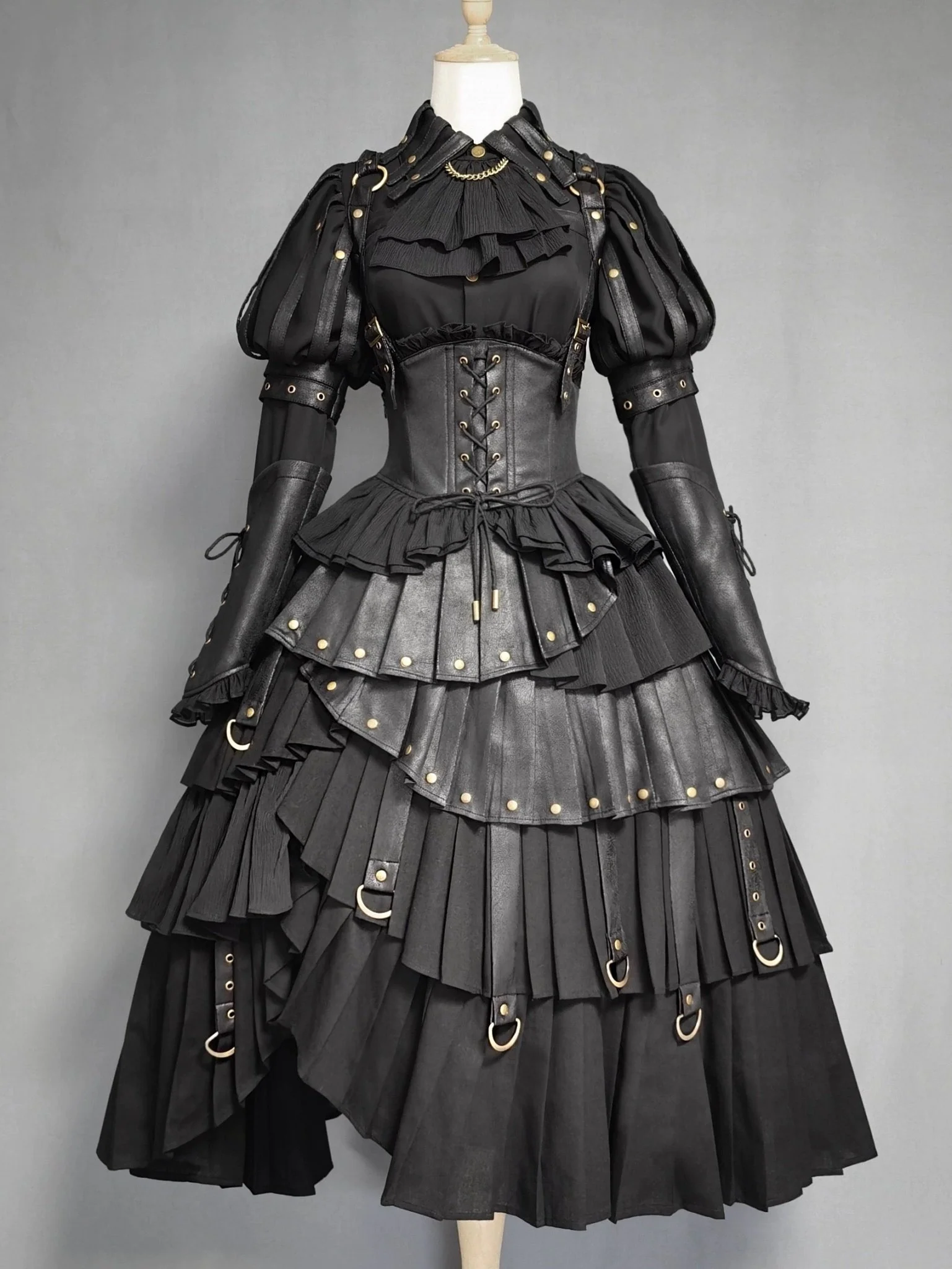 Gothic Lolita Black Ball Gown - Corset Ruffled Dress with Long Sleeves Plus Size - Image 6