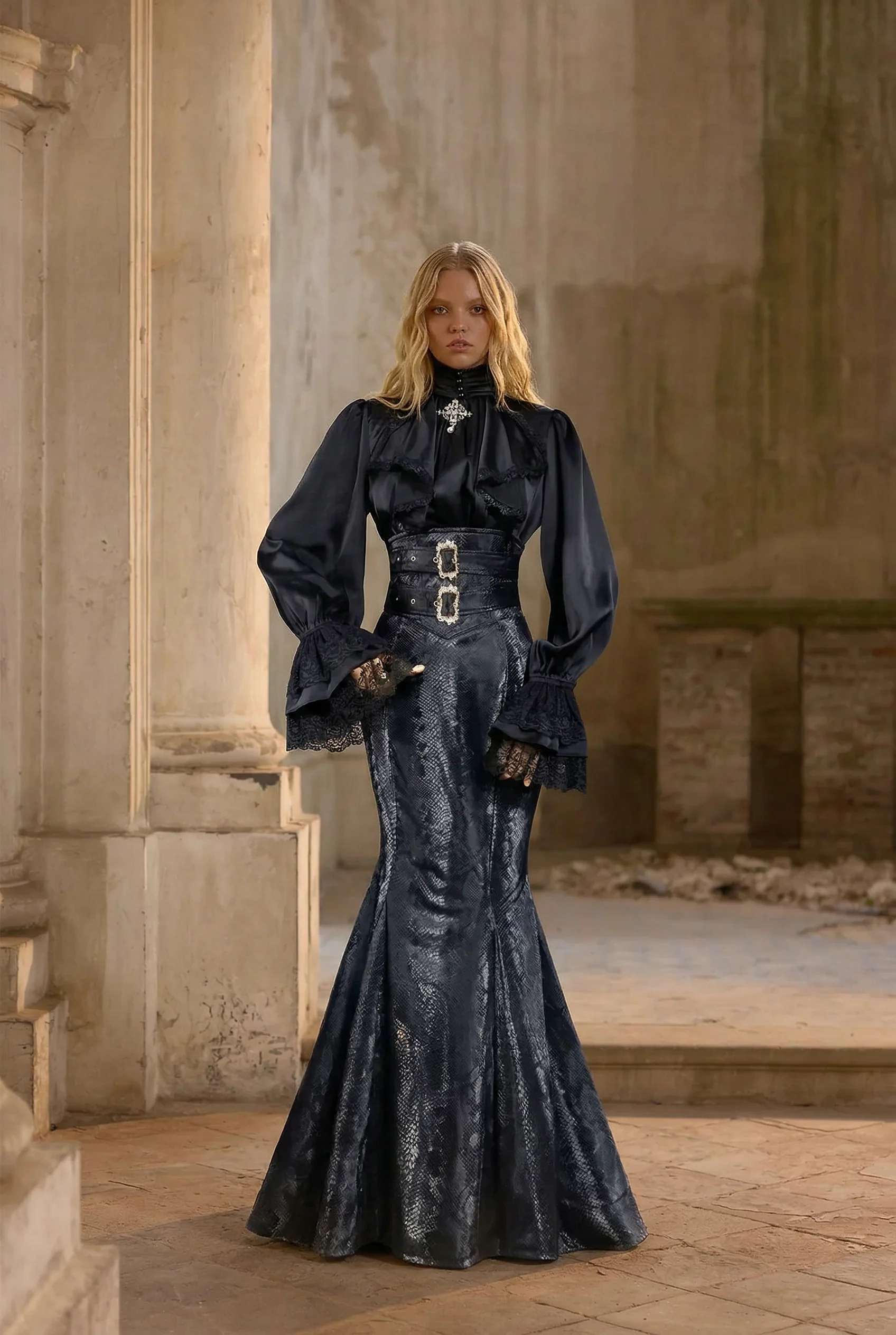 Gothic Lolita Black Dress - Gothic Mermaid Prom Dress with Lolita Blouse Plus Size