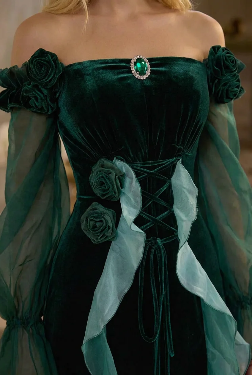 GOTHIC LOLITA DRESS - LONG CLASSIC GREEN VELVET FLORAL LOLITA DRESS - PLUS SIZE - Image 4