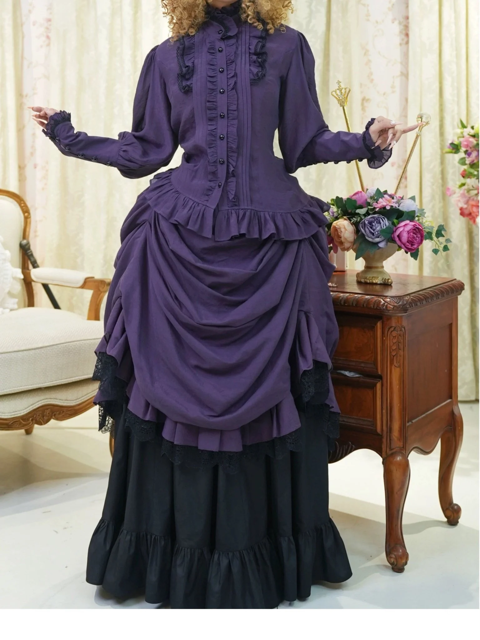 Gothic Lolita Purple Dress - Purple and Black Ball Gown - Victorian-Inspired Dress with Long Sleeves Plus Size - Image 7