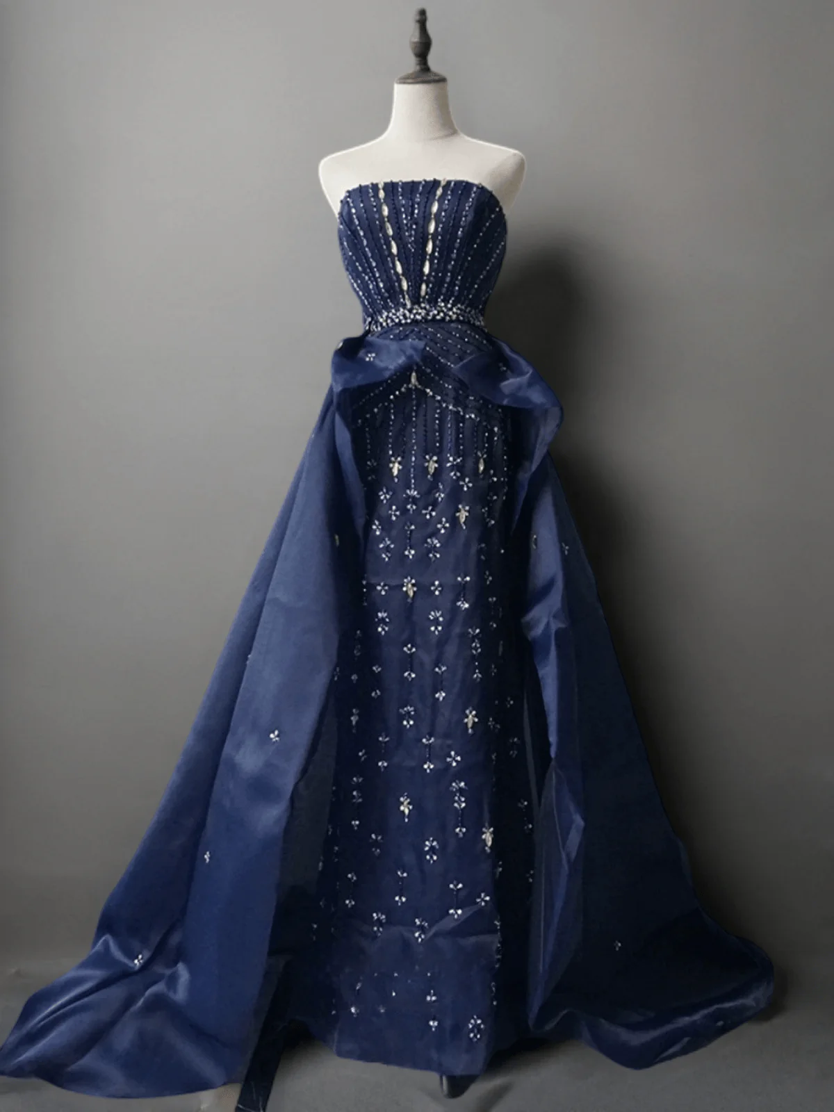 Gothic Navy Blue Strapless Sequin Evening Gown - Pretty Blue Beaded Dress with Convertible Train Plus Size