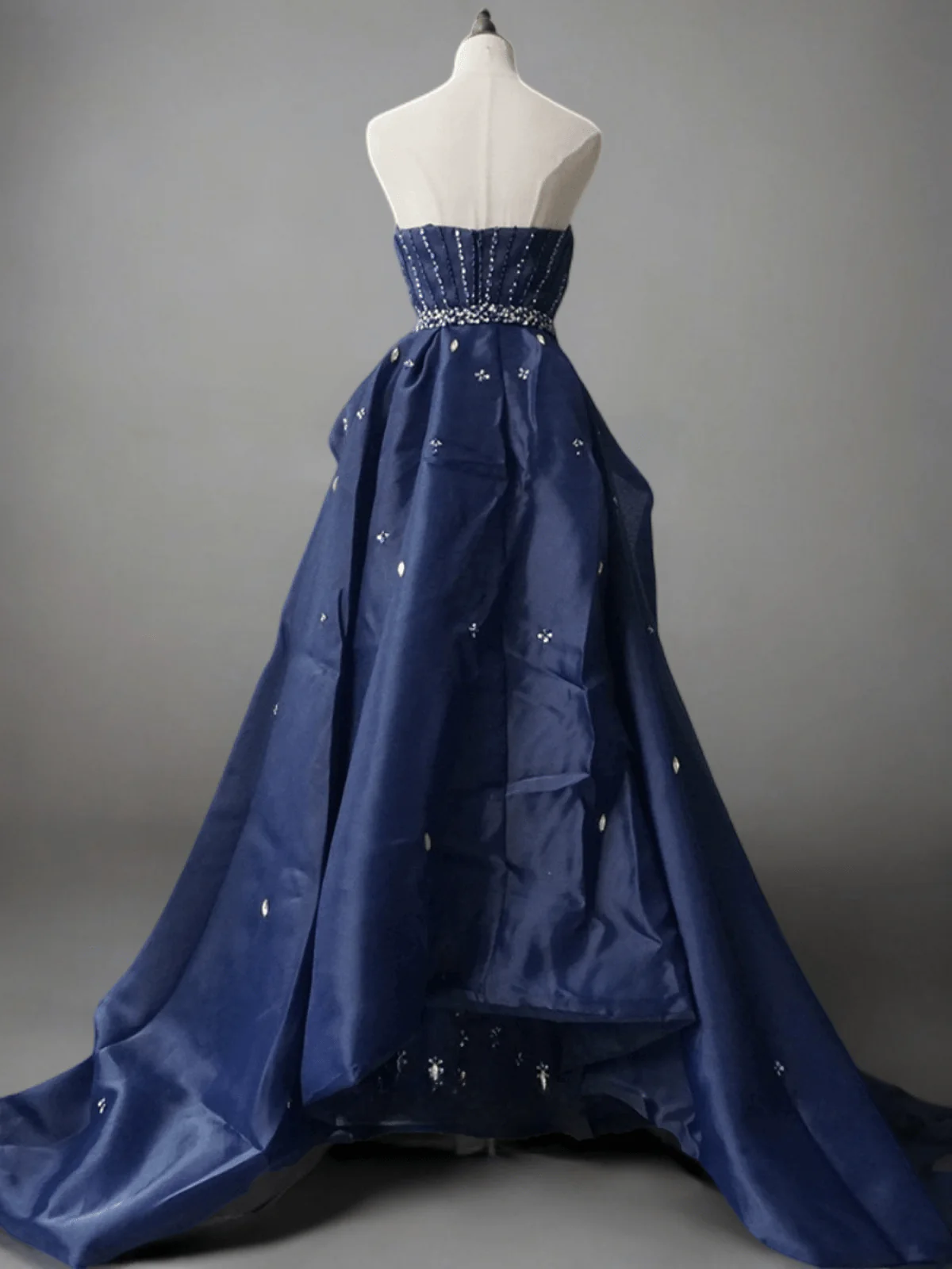 Gothic Navy Blue Strapless Sequin Evening Gown - Pretty Blue Beaded Dress with Convertible Train Plus Size - Image 2