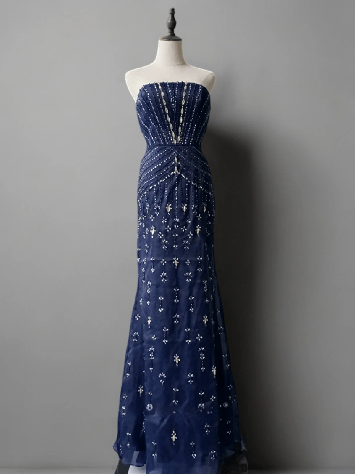 Gothic Navy Blue Strapless Sequin Evening Gown - Pretty Blue Beaded Dress with Convertible Train Plus Size - Image 3