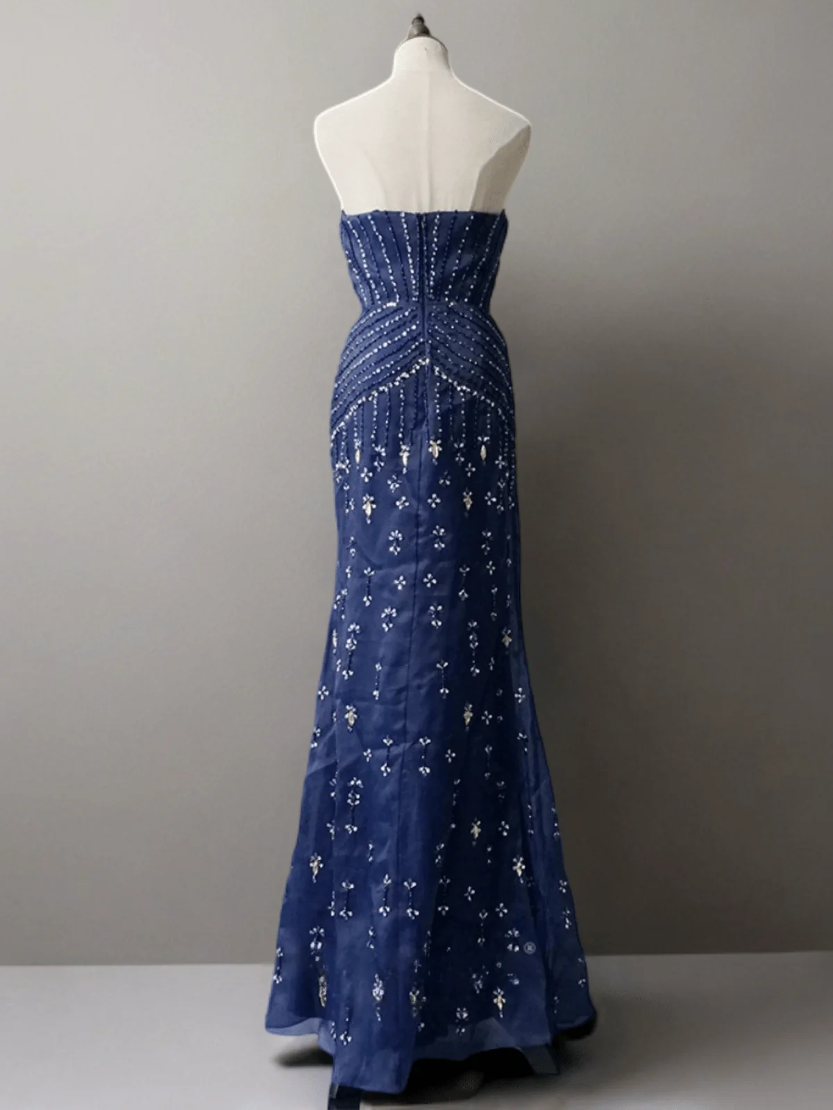 Gothic Navy Blue Strapless Sequin Evening Gown - Pretty Blue Beaded Dress with Convertible Train Plus Size - Image 4