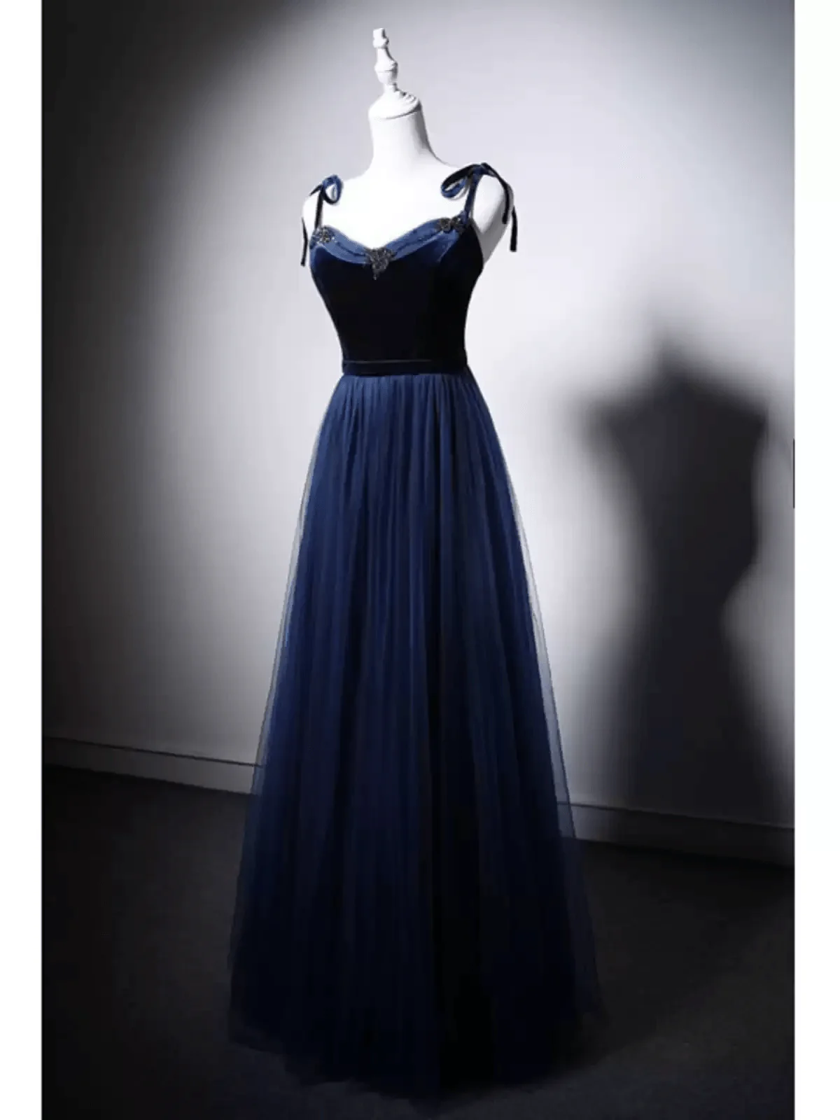 Gothic Navy Blue Velvet Evening Gown with Tulle - Navy Off-Shoulder Dress with Corset Back Plus Size - Image 3