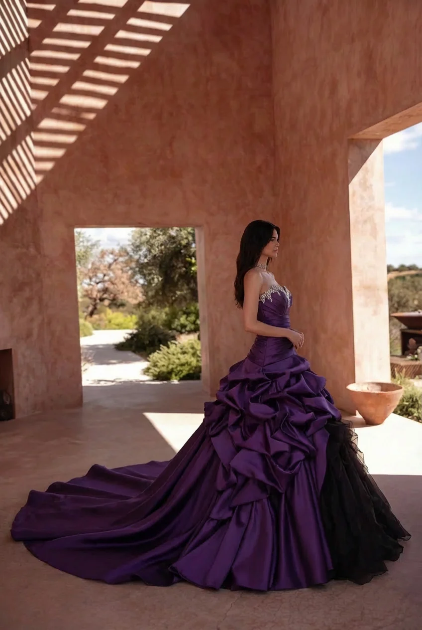 Gothic Purple And Black Strapless Beaded Wedding Dress Plus Size - Image 2
