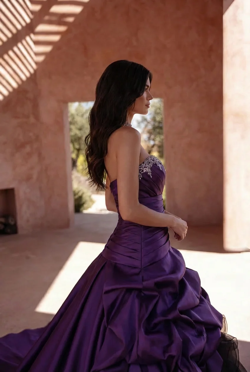 Gothic Purple And Black Strapless Beaded Wedding Dress Plus Size - Image 3