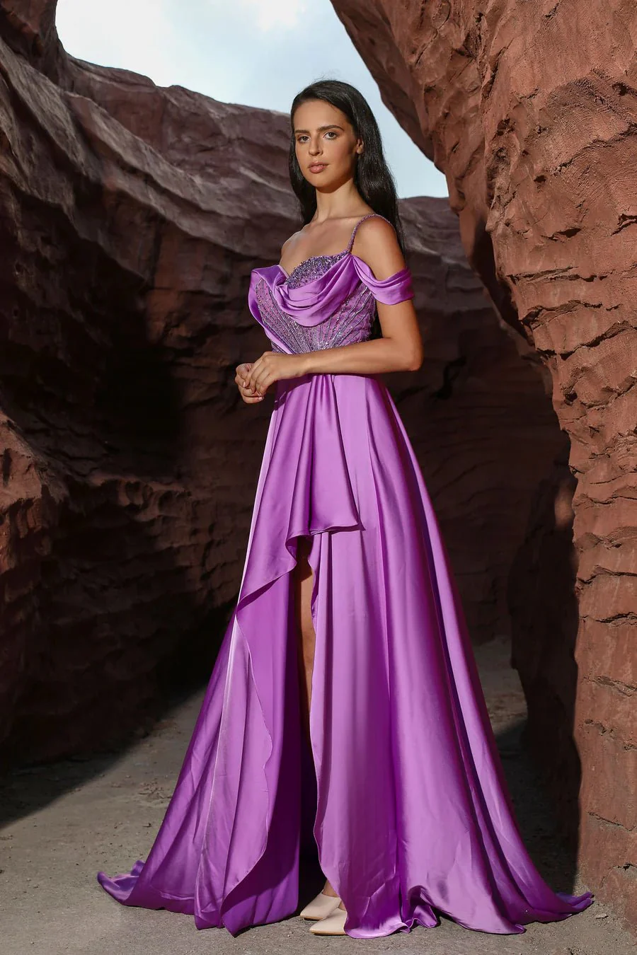 Gothic Purple Satin Evening Gown with High-Low Hem - Designer Sequin Gown and Pretty Sequin Dress Plus Size - Image 2