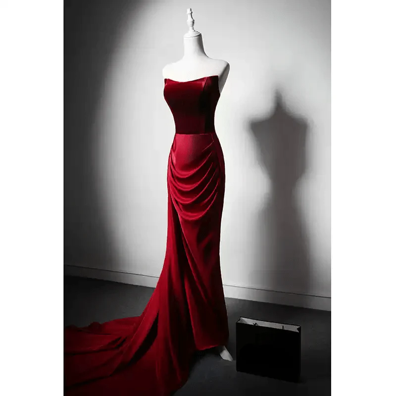 Gothic Red Evening Dress with Corset Back - Red Velvet Evening Gown with Draped Skirt Plus Size - Image 2
