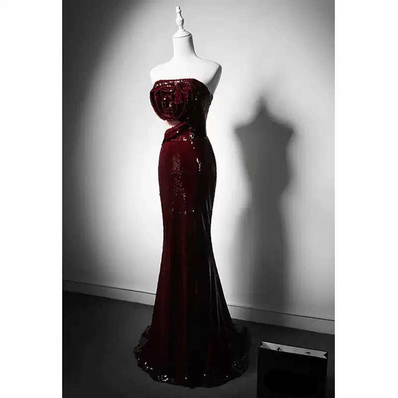 Gothic Red Evening Dress with Floral Accents - Red Sequin Evening Gown - Elegant Mermaid Dress Evening Gown Plus Size - Image 2