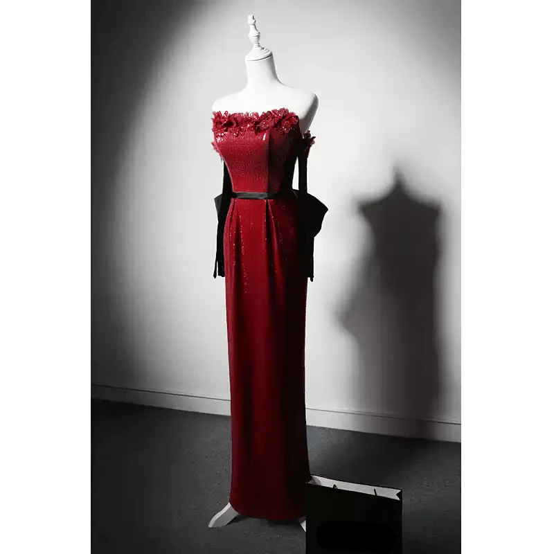 Gothic Red Evening Dress with Floral Accents - Red Sequin Evening Gown - Elegant Off-Shoulder Gown with Bow Plus Size - Image 2