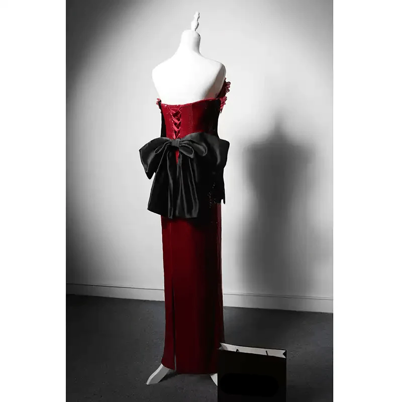 Gothic Red Evening Dress with Floral Accents - Red Sequin Evening Gown - Elegant Off-Shoulder Gown with Bow Plus Size - Image 3