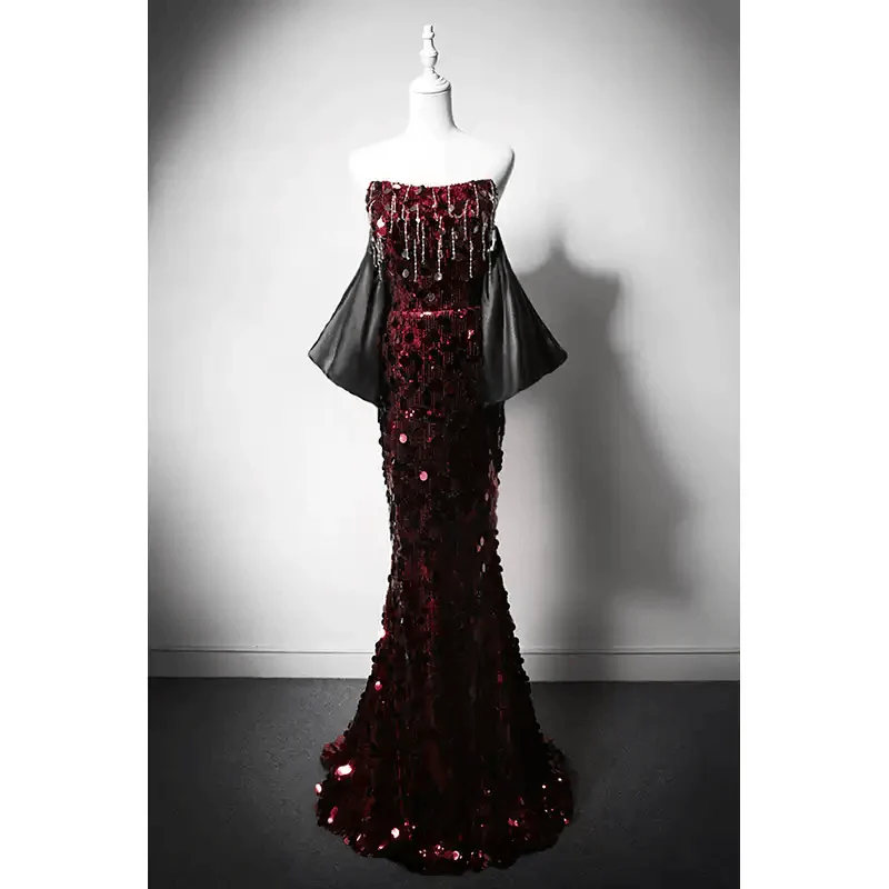 Gothic Red Evening Dress with Sleeves - Red Sequin Ball Gown with Illusion Sleeves and Corset Back Plus Size