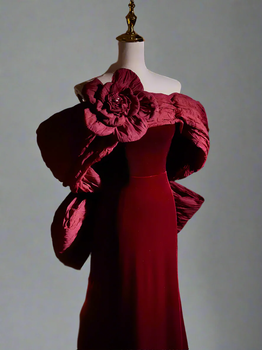 Gothic Red Mermaid Evening Gown with Floral Accessories - Red Velvet Dress with Bow -  Strapless Evening Dress with Fitted Skirt Plus Size - Image 5