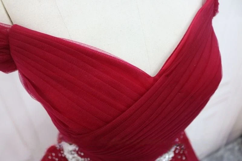 Gothic Red Off-Shoulder Wedding Party Dress - Tulle and Embellished Dress - Corset Bridal Gown Plus Size - Image 3