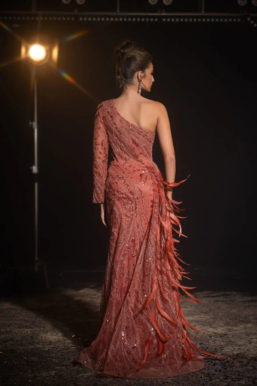 Gothic Red One-Shoulder Sequin Evening Gown - Sequin and Feather Dress - Pretty Sequin Dress and Designer Sequin Gown Plus Size - Image 2