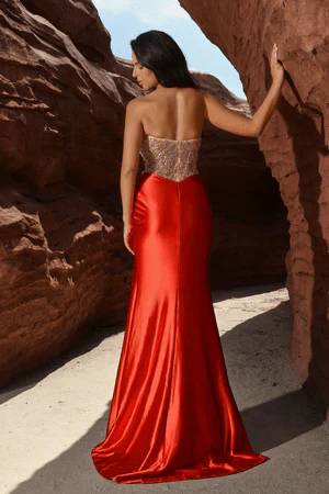 Gothic Red Satin and Sequin Gown with High Slit - Designer Sequin Dress and Strapless Glitter Dress Plus Size - Image 3
