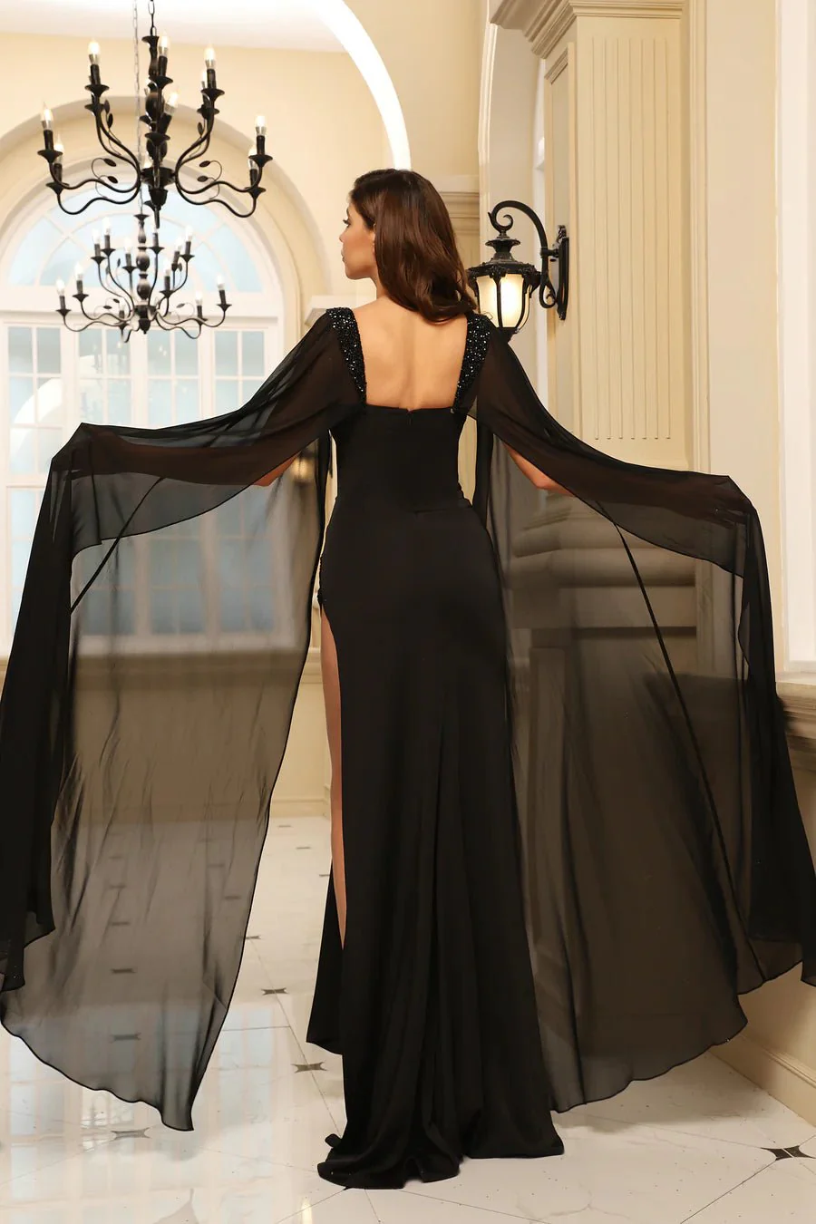 Gothic Red Sequin Evening Gown with Cape Sleeves and High Slit - Designer Sequin Dress and Pretty Sequin Dress Plus Size - Image 5