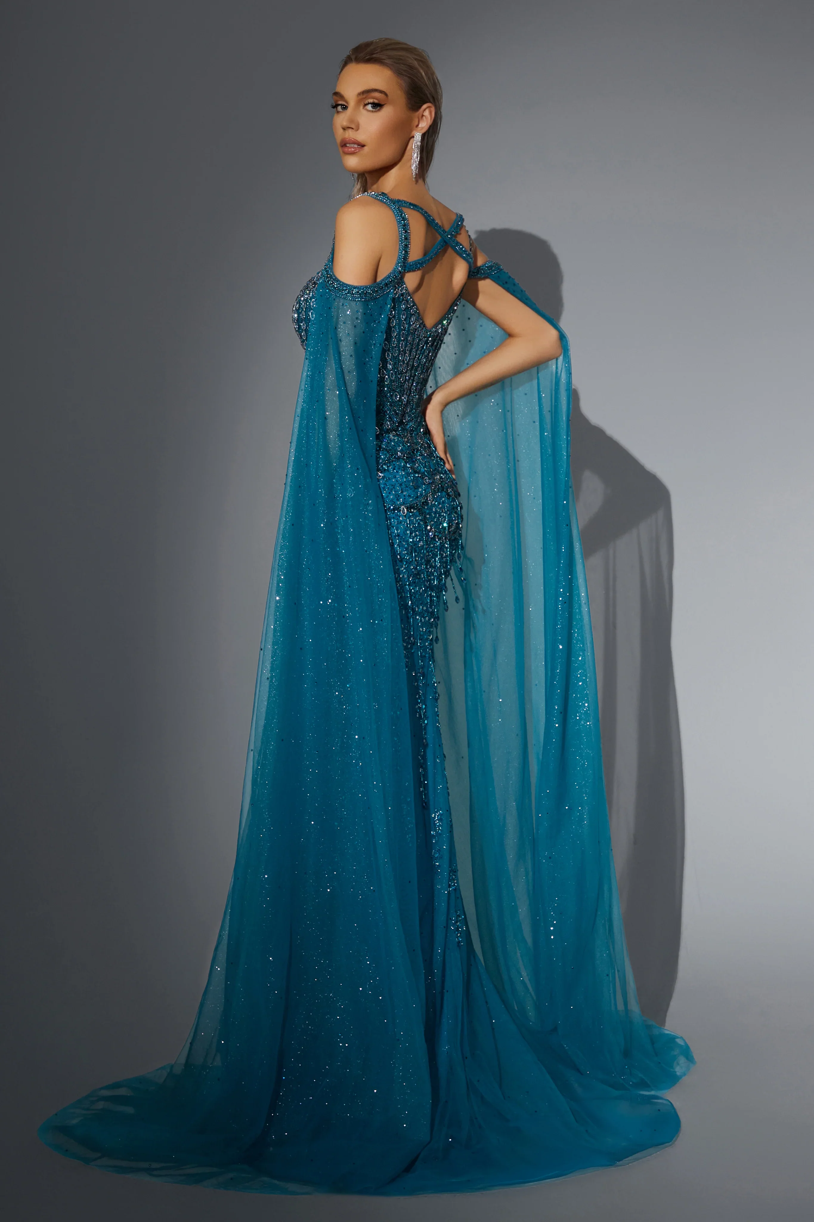 Gothic Royal Blue Prom Dress with Cape Sleeves - Designer Sequin Dress with Cut-Out Back - Sparkly Maxi Dress Plus Size - Image 2