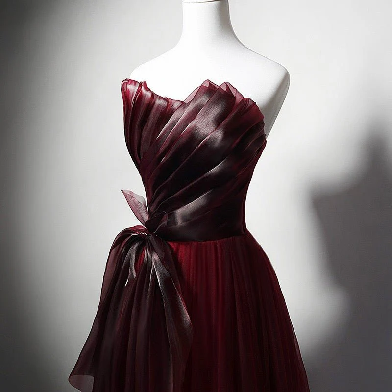 Gothic Strapless Burgundy Tulle Wedding Dress With Asymmetric Gauze Plus Size - Image 2