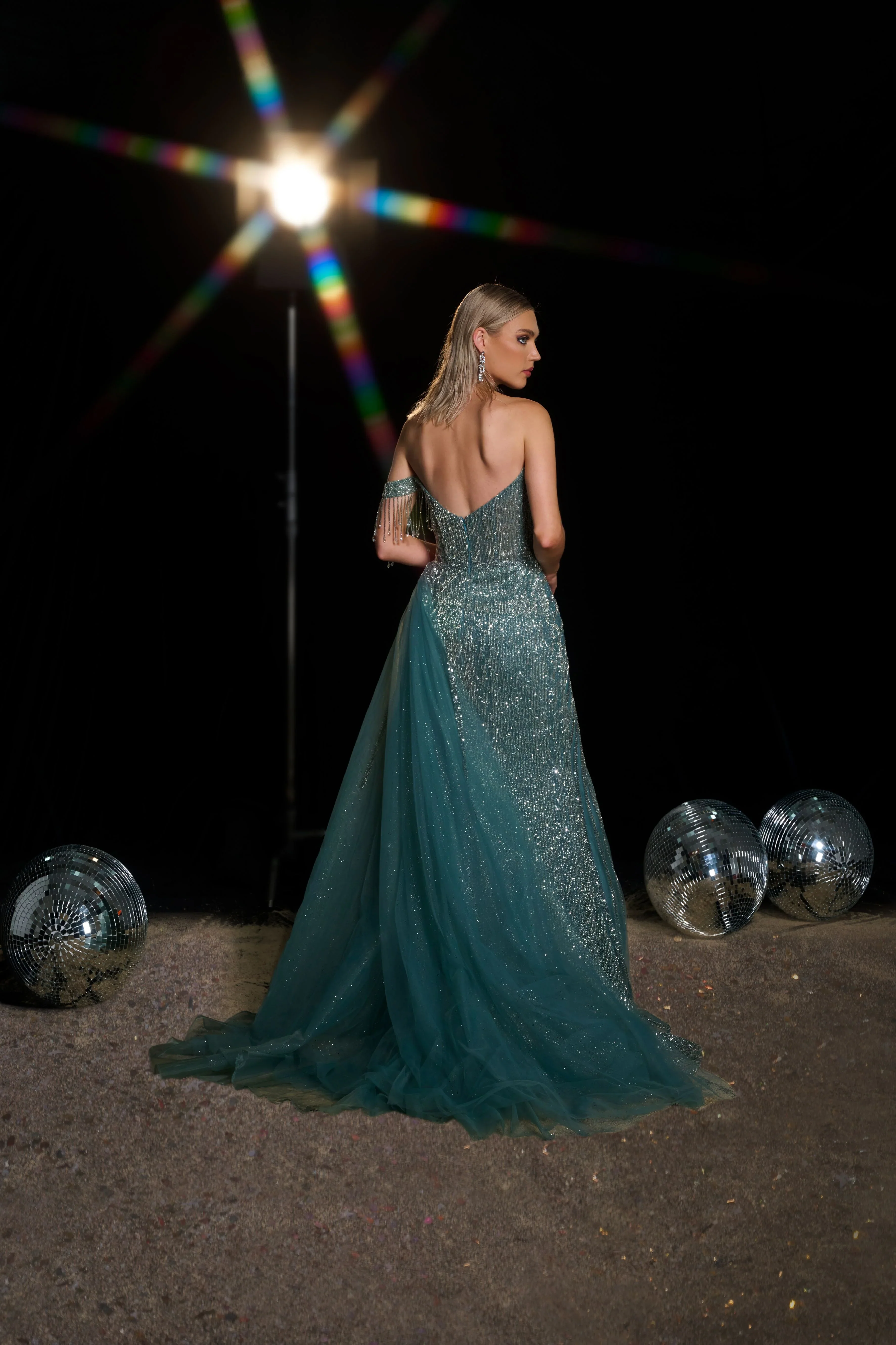Gothic Teal Blue Sequin Ball Gown with Off-Shoulder Sleeves - Sparkly Maxi Dress with Thigh-High Slit - Designer Sequin Gown Plus Size - Image 2