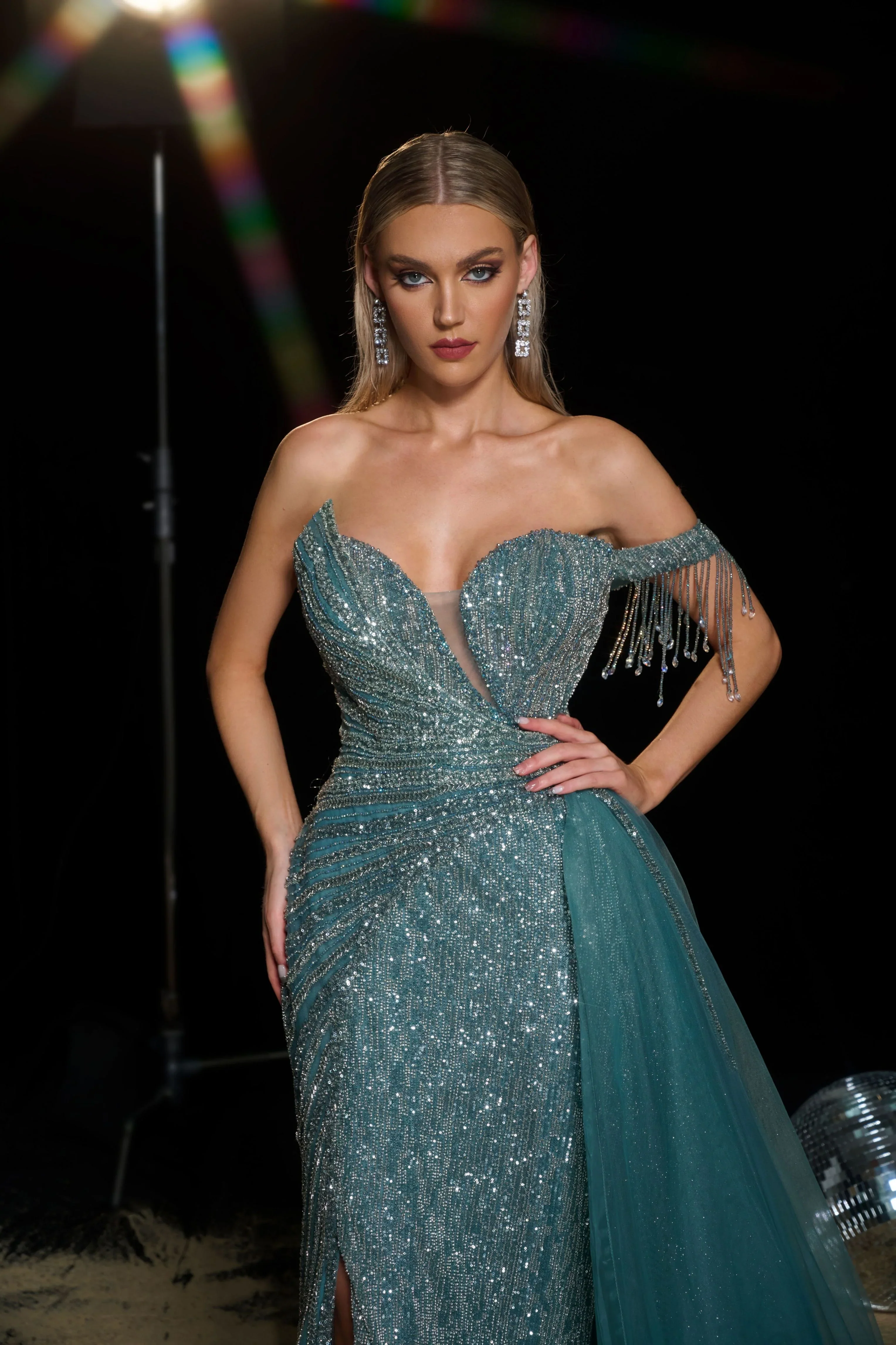 Gothic Teal Blue Sequin Ball Gown with Off-Shoulder Sleeves - Sparkly Maxi Dress with Thigh-High Slit - Designer Sequin Gown Plus Size - Image 3