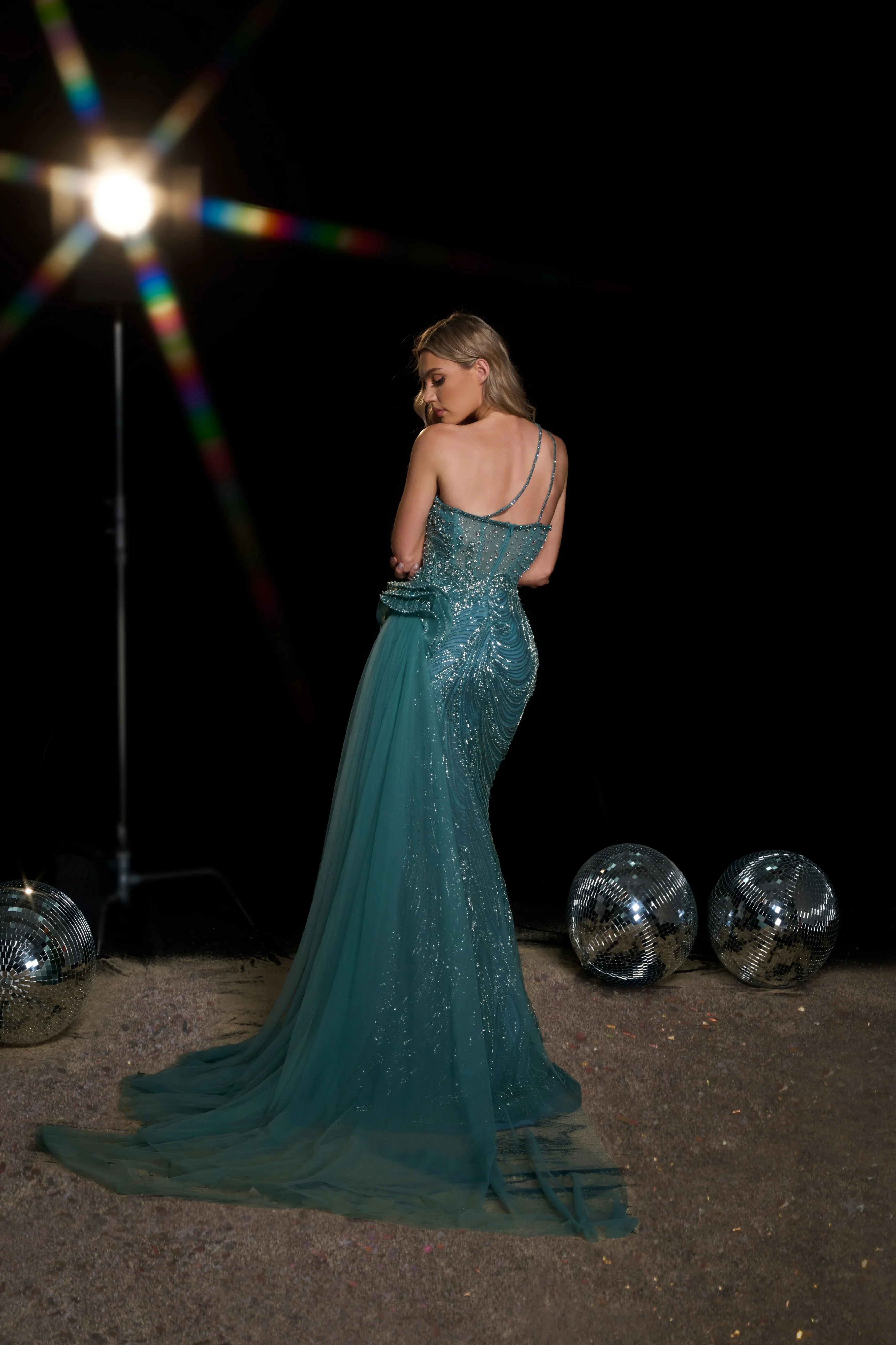 Gothic Teal Green Sequin Evening Gown with Flowing Train - Elegant Glitter Maxi Dress - Embellished Gown - Sparkly Sequin Dress Plus Size - Image 2