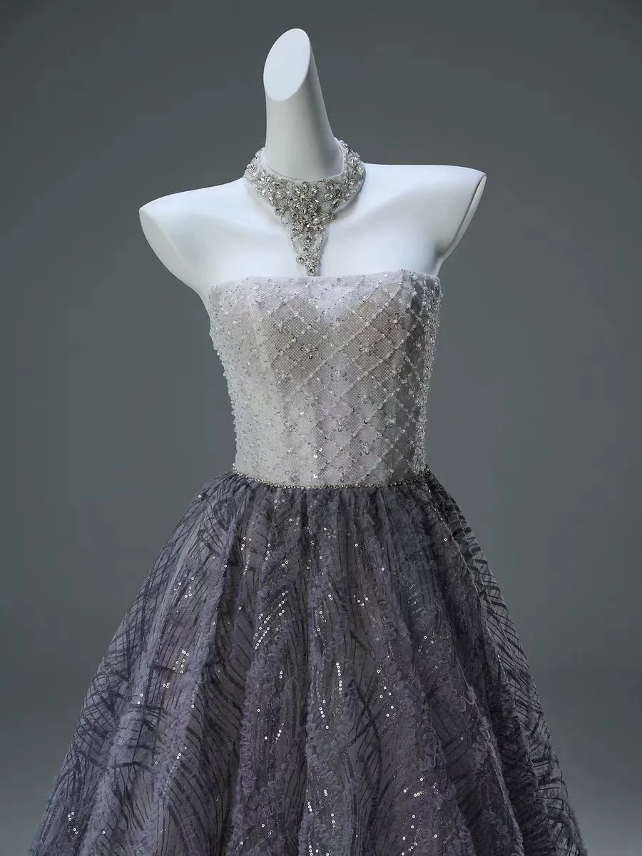 Gray and Lavender Strapless Lace Ball Gown Evening Dress - Plus Size - Image 4