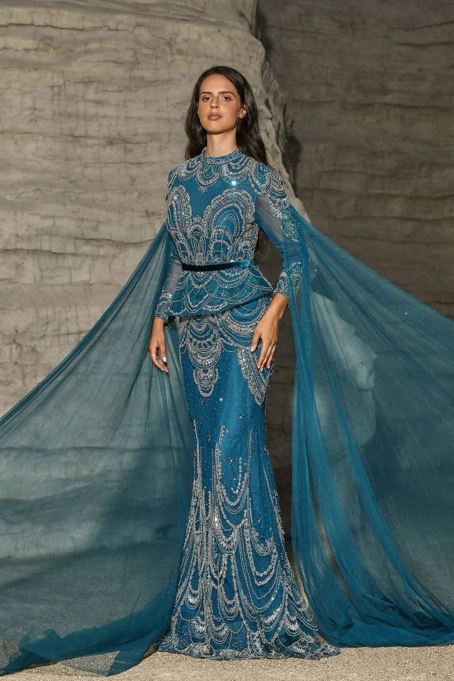 Gothic Turquoise Blue Sequin Evening Gown with Cape Sleeves and High Slit - Designer Sequin Dress and Pretty Sequin Dress Plus Size
