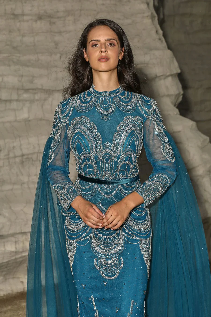 Gothic Turquoise Blue Sequin Evening Gown with Cape Sleeves and High Slit - Designer Sequin Dress and Pretty Sequin Dress Plus Size - Image 2