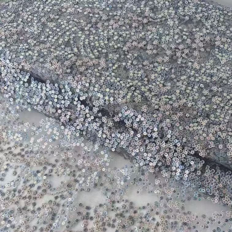 Gray Sequin Floral Embroidered Lace Fabric