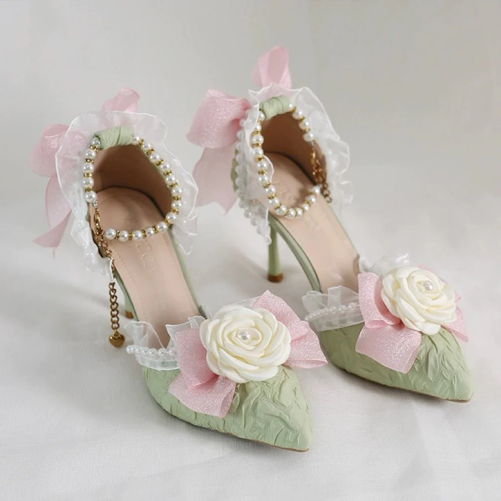 Green and Cream Lolita Vintage Shoes with Rose and Pearl - Lolita Heels with Tulle - Image 4