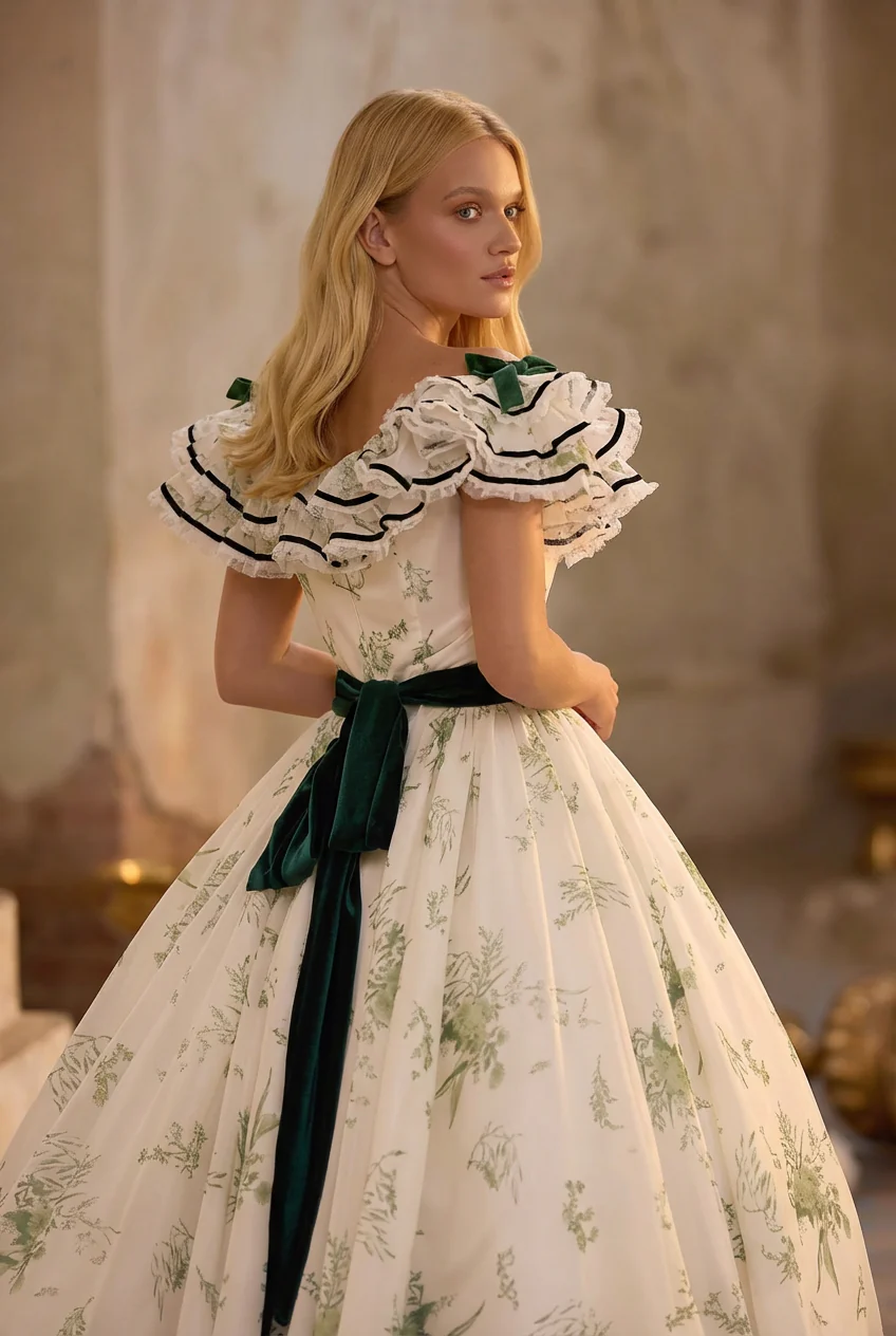 Green and White Embroidered Baroque Dress with Victorian Charm - Rococo Elegance Floral Gown Plus Size - Image 3