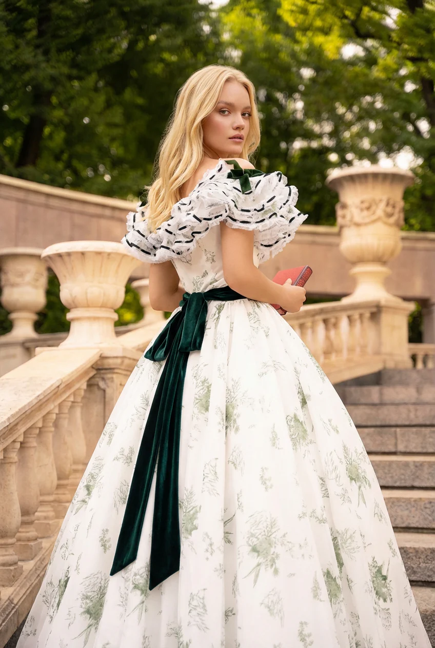 Green and White Embroidered Baroque Dress with Victorian Charm - Rococo Elegance Floral Gown Plus Size - Image 4