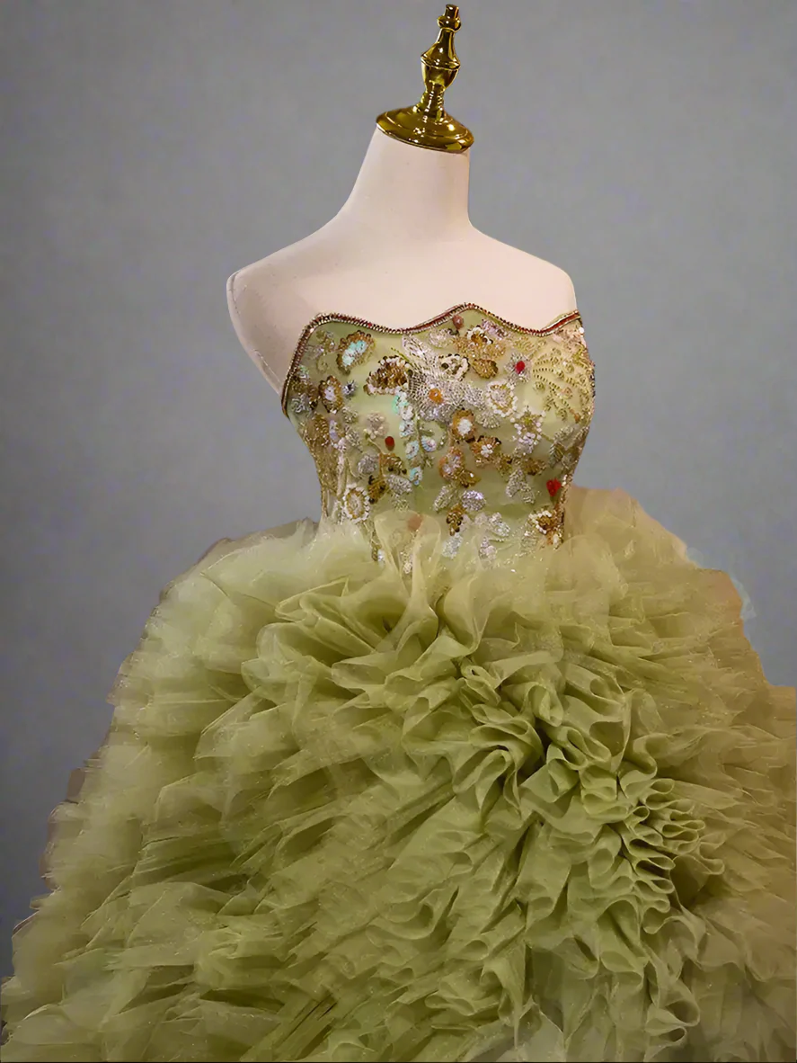 Green Ball Gown with Corset Back - Tiered Tulle Ball Gown - Corset Tulle Dress with Layered Ruffle Skirt - Layered Tulle Ruffle Dress Plus Size - Image 5