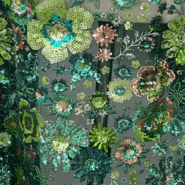 Green Sequin Embroidered Floral Tulle Lace Fabric
