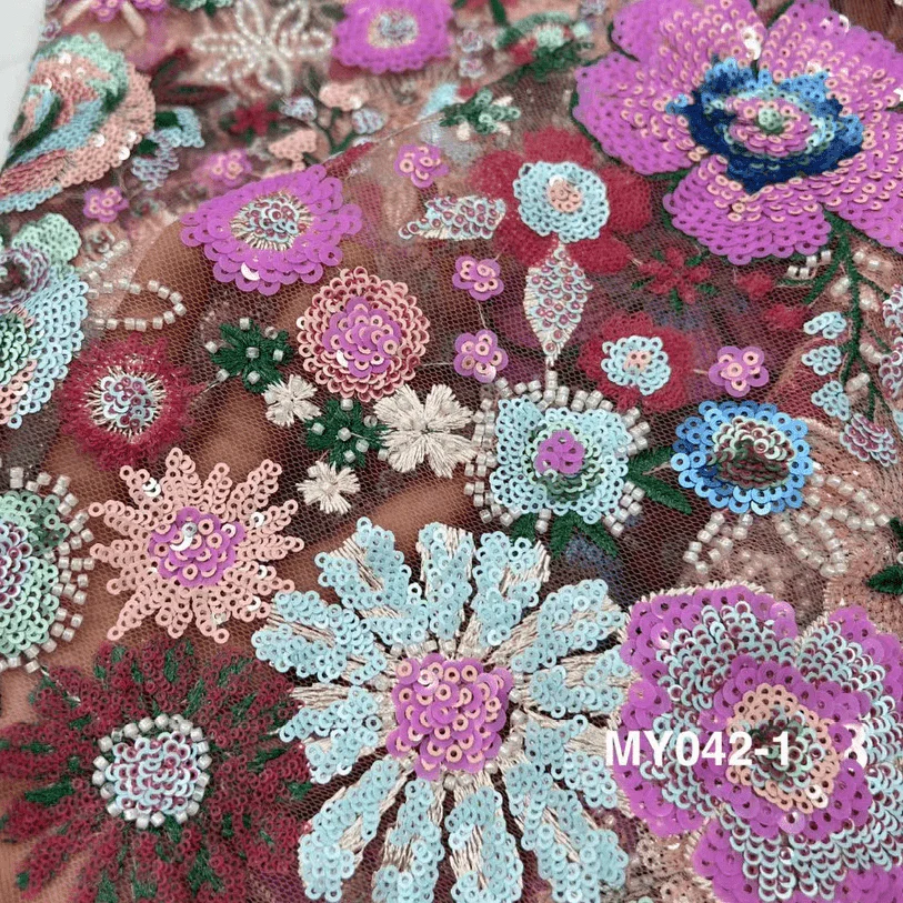 Green Sequin Embroidered Floral Tulle Lace Fabric - Image 2