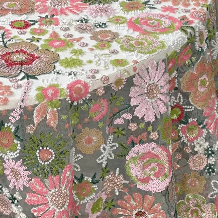 Green Sequin Embroidered Floral Tulle Lace Fabric - Image 3