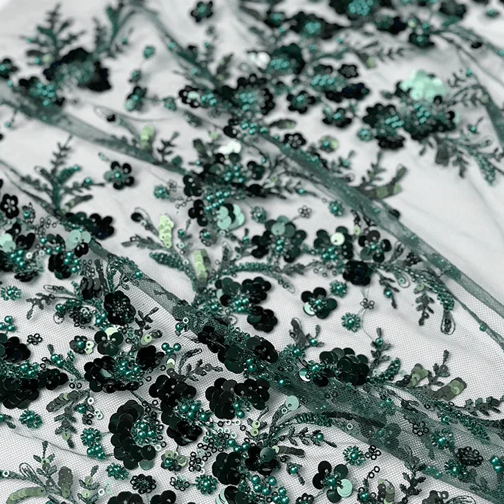 Green Sequin Embroidered Floral Tulle Lace Fabric