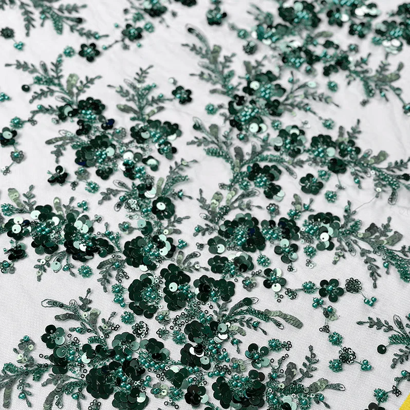 Green Sequin Embroidered Floral Tulle Lace Fabric - Image 2