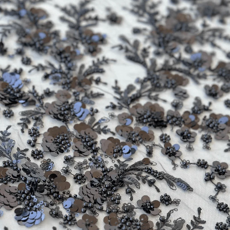 Green Sequin Embroidered Floral Tulle Lace Fabric - Image 7