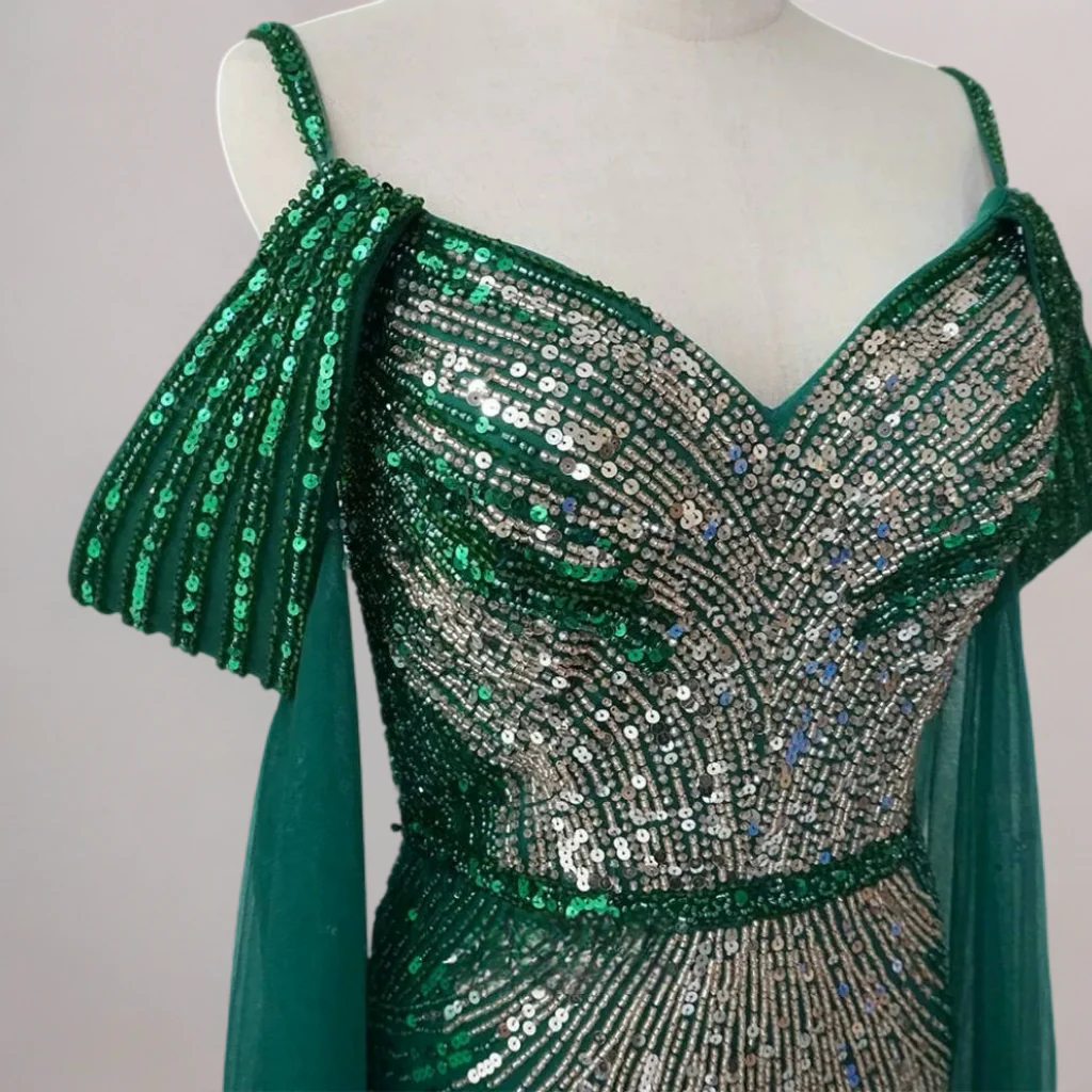 Green Sequin Evening Gown with Pleated Sleeves – Sparkly Maxi Dress with Tulle Train Plus Size - Image 3